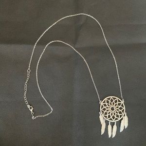 Long silver dream catcher necklace with metal feathers